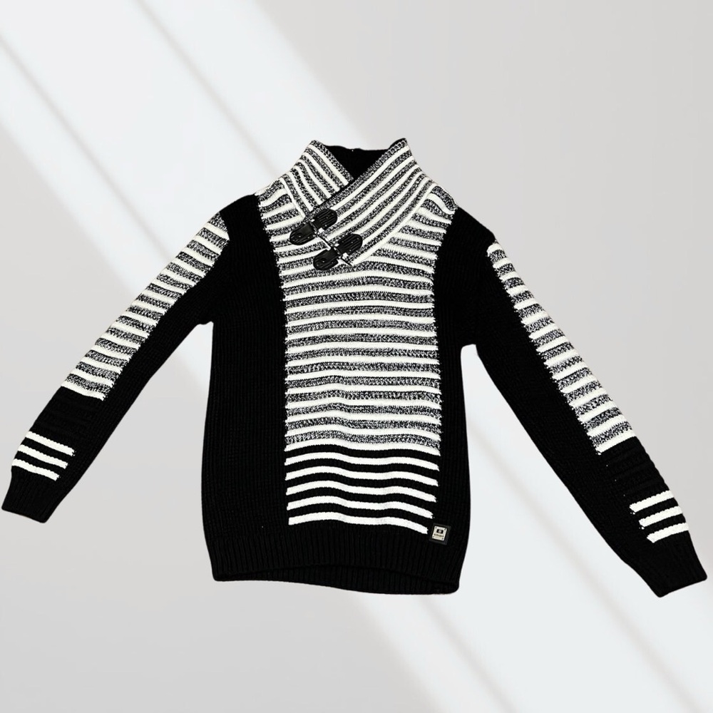 Barabas Black and White Turtleneck Sweater with Asymmetrical Stripes